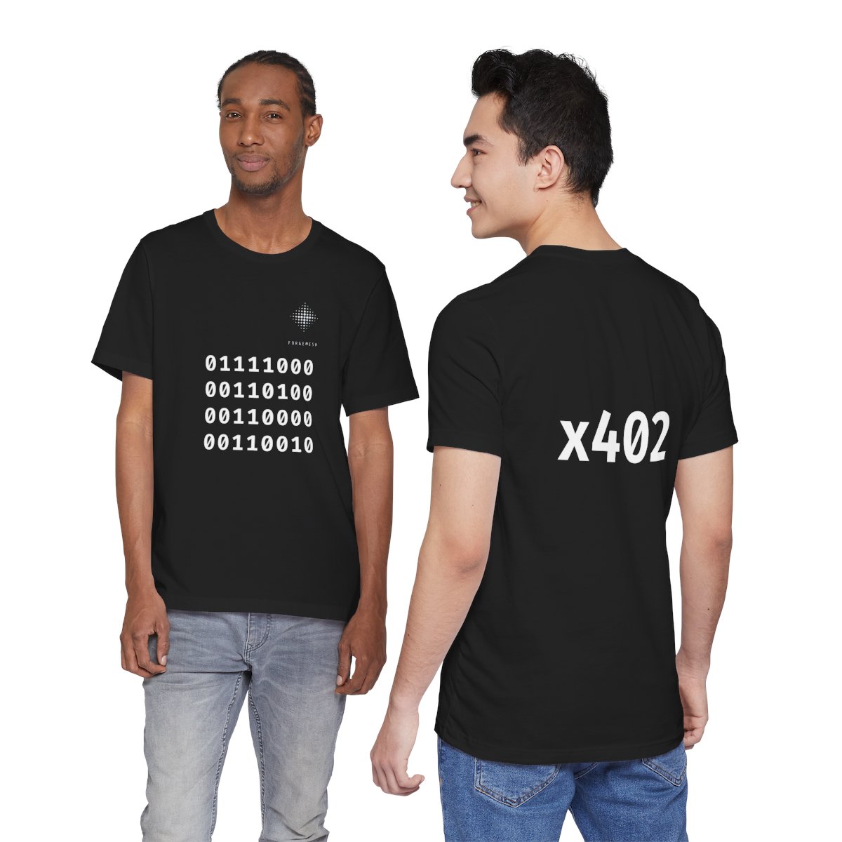 x402 Binary Code T-Shirt, ASCII Binary Programmer Tee, ForgeMesh Chest Logo, Secret Code Developer Gift, Unisex — on models, front and back