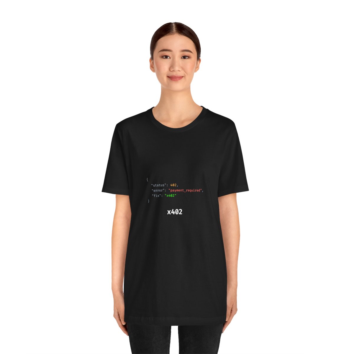 402 JSON Error T-Shirt, Payment Required API Response Tee, x402 Programmer Shirt, Developer Humor, Unisex — on model, front