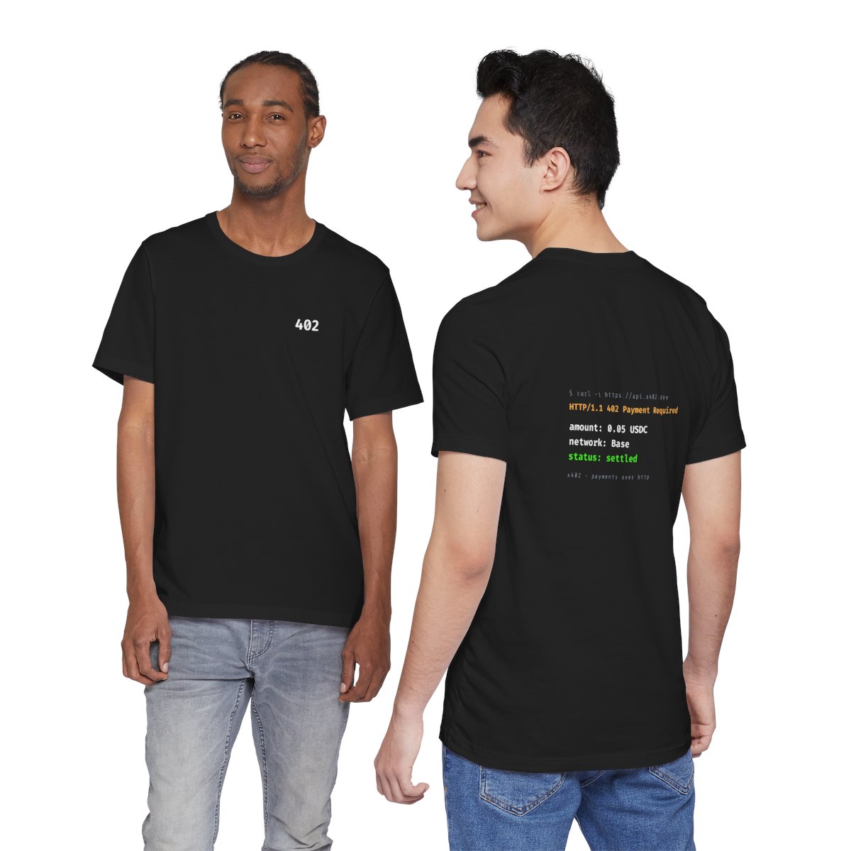 402 Payment Required Terminal T-Shirt - x402 Developer Tee, Command Line Receipt Shirt, Crypto API Gift — on models, front and back