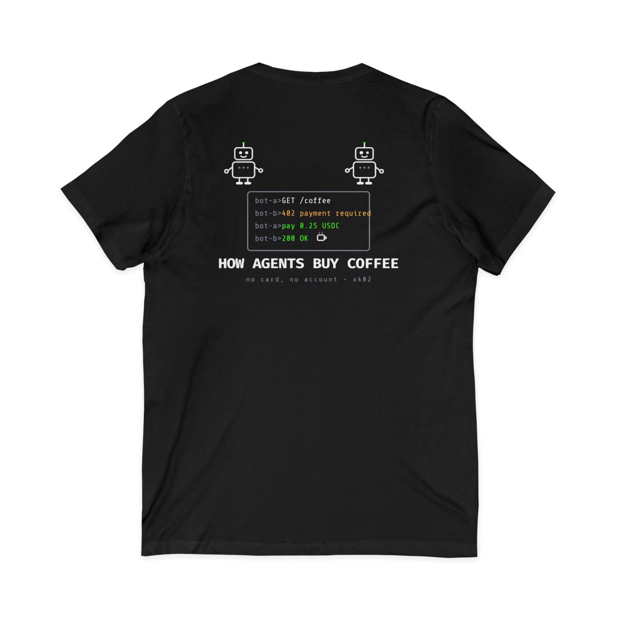 How Agents Buy Coffee V-Neck Tee - Robot Terminal Shirt, 402 to 200 OK, x402 Developer Gift, ForgeMesh