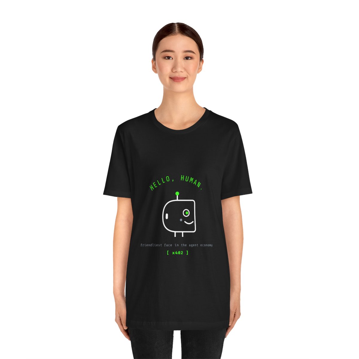 Hello Human T-Shirt - Smiling Robot Profile Tee, Cute AI Bot Shirt, x402 Agent Economy, ForgeMesh — on model, front
