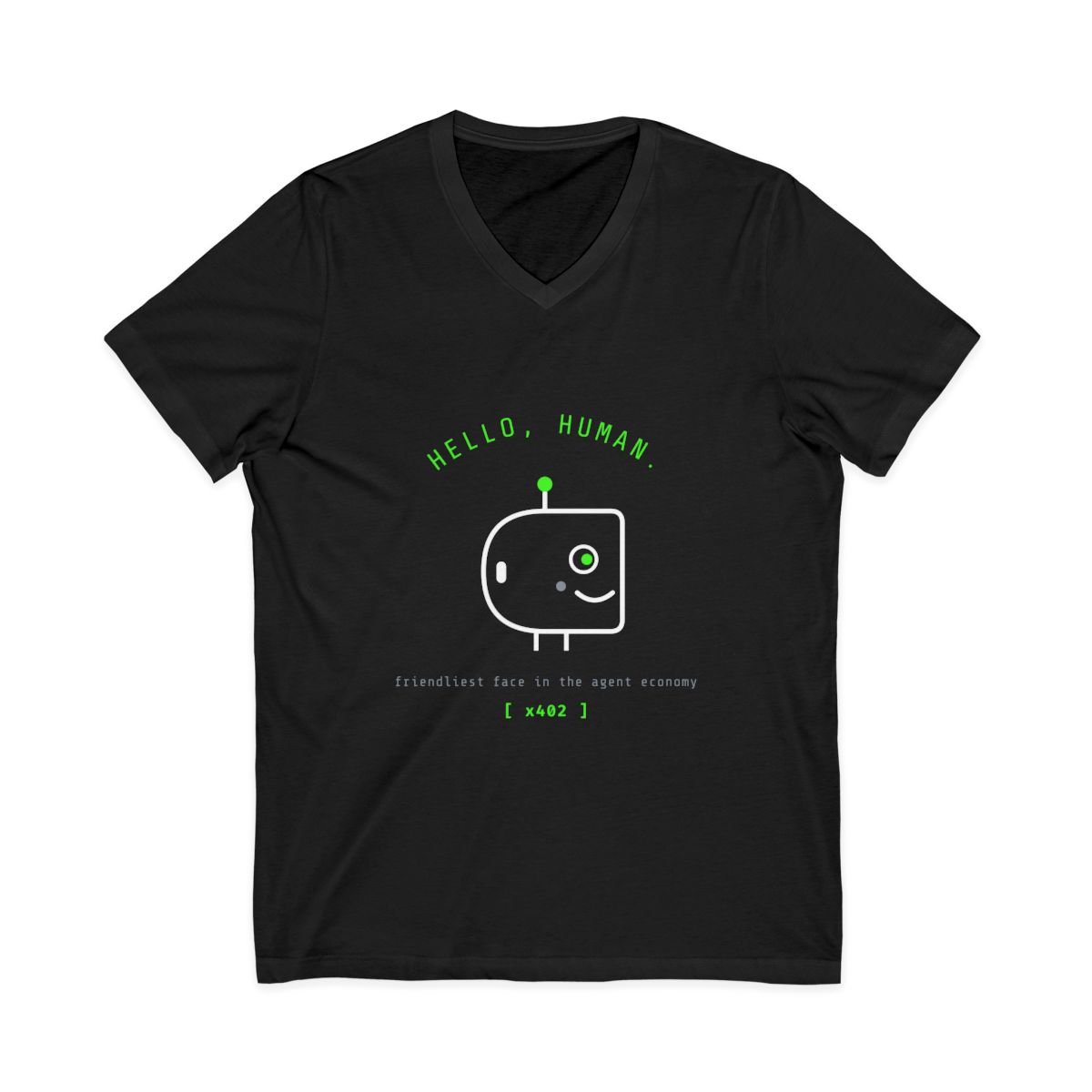 Hello Human V-Neck Tee - Smiling Robot Profile, Cute AI Bot Shirt, x402 Agent Economy, ForgeMesh