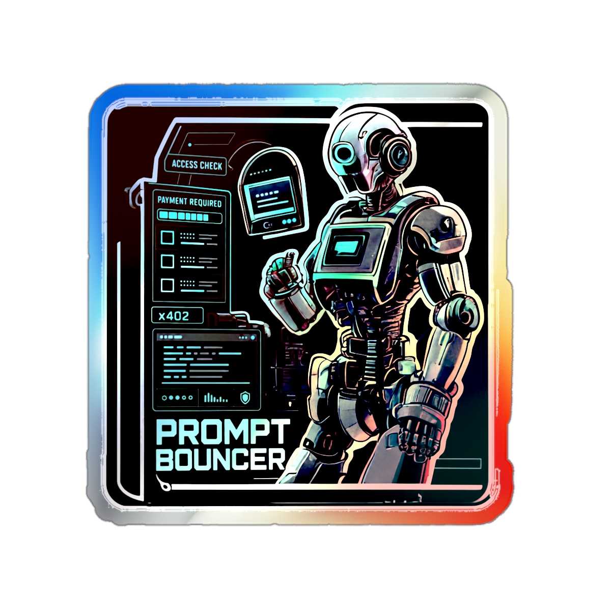 Prompt Bouncer Holographic Sticker | AI Doorman Robot | x402 Payment Required Die-Cut