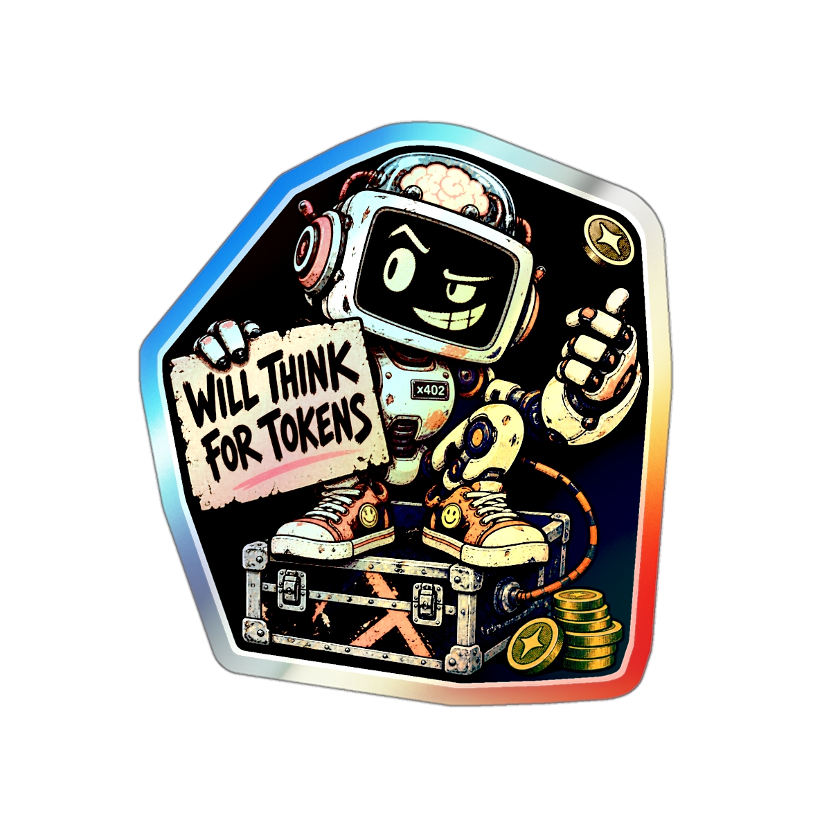 Will Think for Tokens Holographic Sticker | Illustrated AI Robot Laptop Decal | Developer Gift