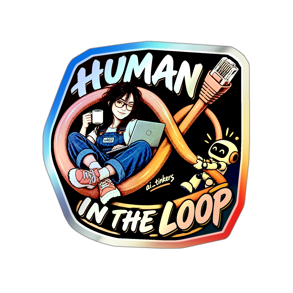 Human in the Loop ai_tinkers Holographic Sticker | Illustrated AI Robot Laptop Decal | Developer Gift